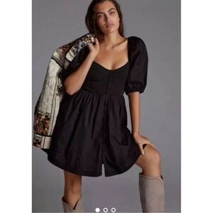 Maeve Anthropologie Black Puff Sleeve Mini Sweetheart Neck Preppy Dress Sz M